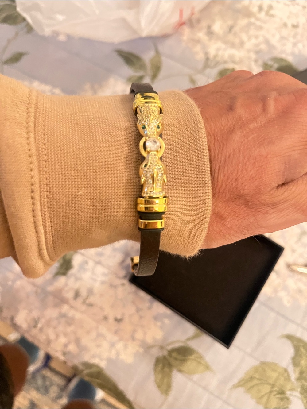 Gold-Tone Panther Leather Bracelet - Black size 8.25